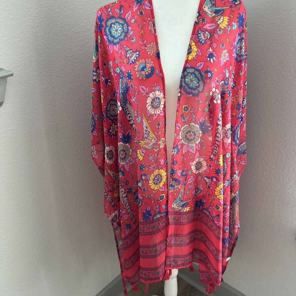 Ultra Pink Red Floral Birds Sheer Kimono Duster Size 3X Boho Festival Beach